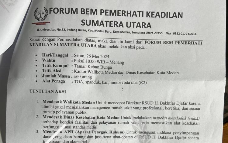 Ketika Aliansi Mahasiswa Dibungkam, Forum BEM Sumut Siap Turun ke Jalan Desak Perbaikan RSUD Bachtiar Djafar