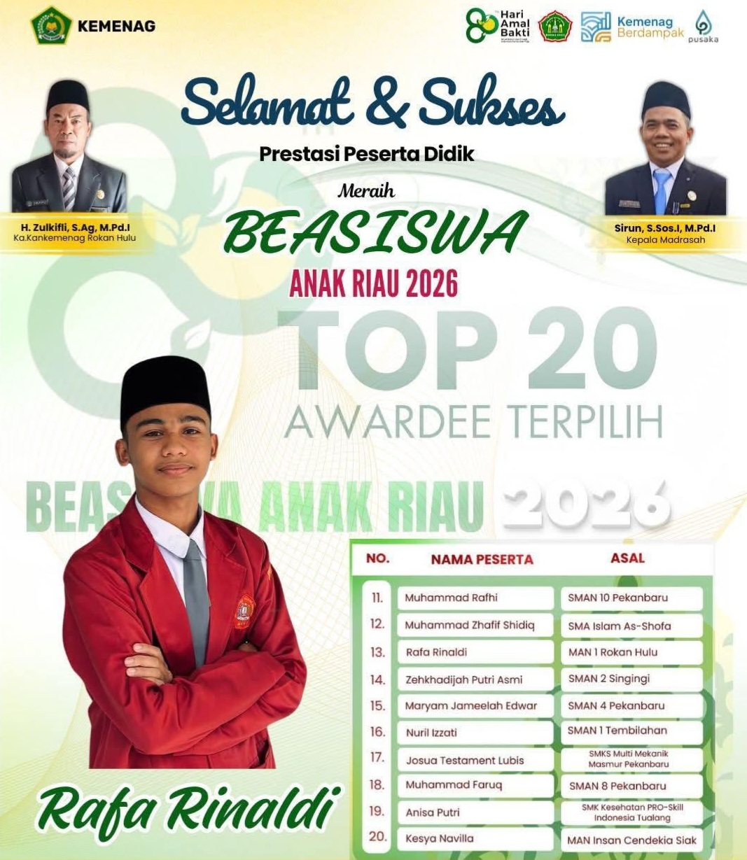 Bersaing Ketat dengan 421 Siswa, Rafa Murid MAN 1 Rohul Raih Beasiswa Anak Riau